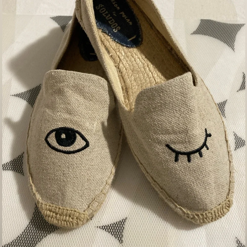 Soludos Beige Espadrille Slippers with Black Eye Embroidery